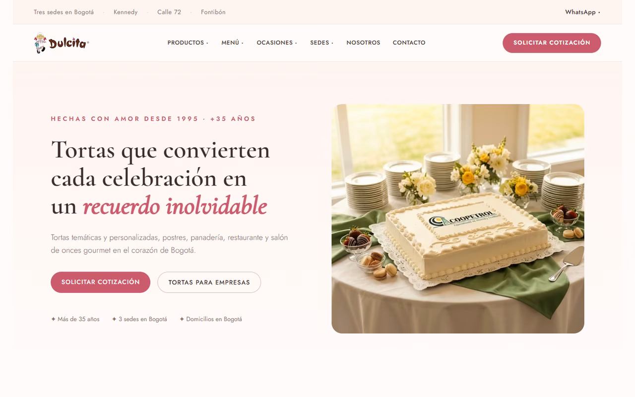 Página de inicio de pasteleriadulcita.com en escritorio con el titular «Tortas que convierten cada celebración en un recuerdo inolvidable» y foto de una torta empresarial