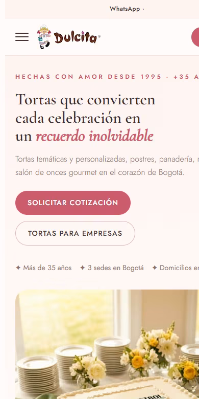 Página de inicio de pasteleriadulcita.com en móvil con el titular y los botones «Solicitar cotización» y «Tortas para empresas»