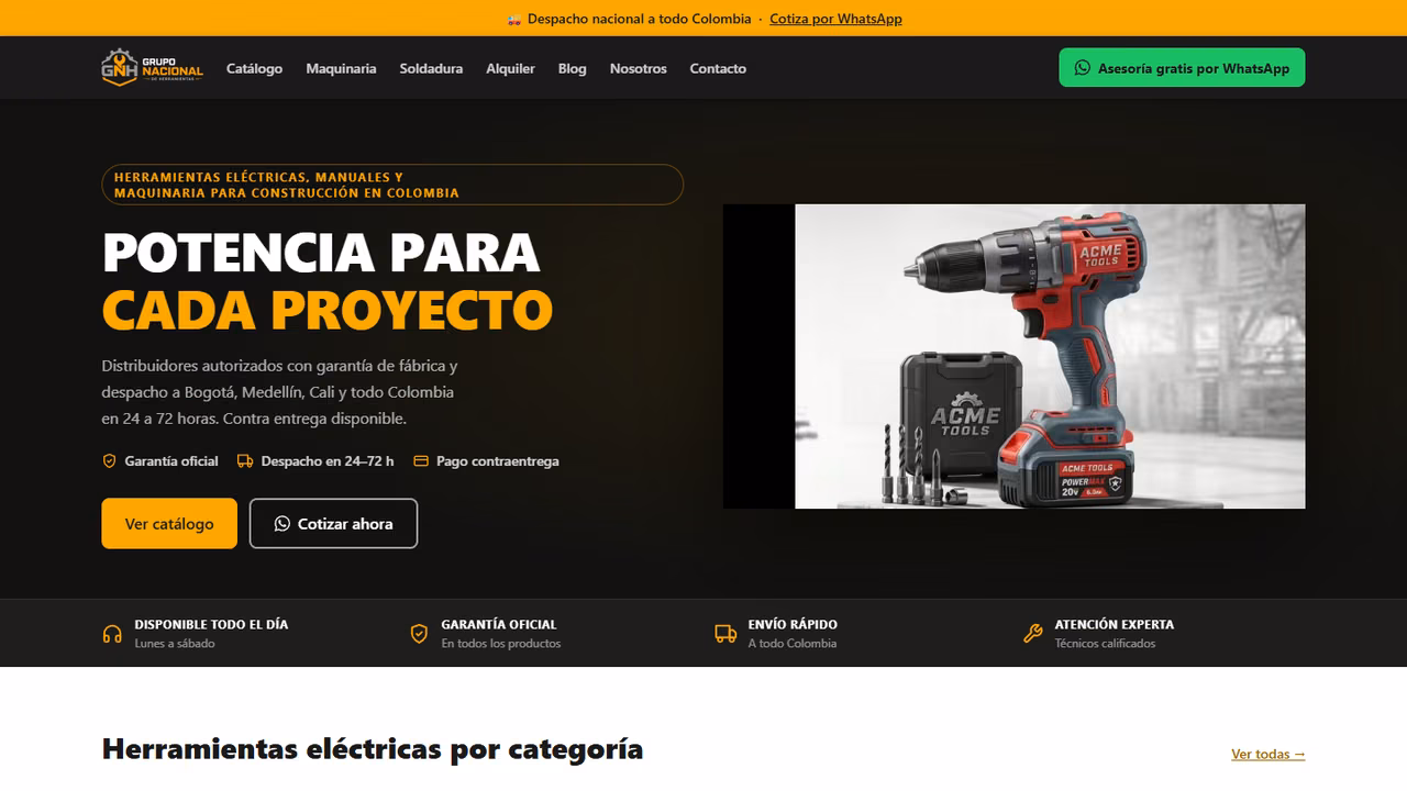 gnherramientas.com home page: headline «Power for every project», catalog and quote buttons and a photo of a cordless drill