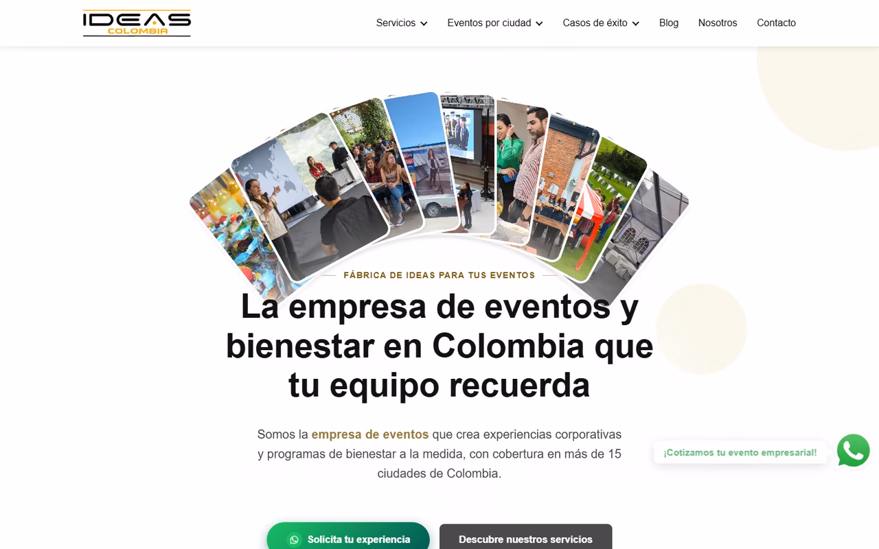 grupoideas.co home page on desktop: a fan of event photos and the headline «The events and wellbeing company in Colombia your team remembers»