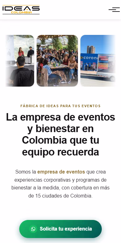 grupoideas.co home page on mobile with an event photo carousel, headline and green «Request your experience» button