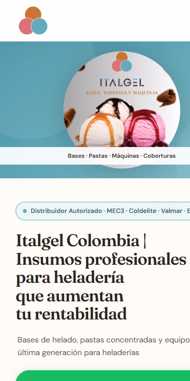 Página de inicio de italgel.com.co en móvil: imagen de helados con el logo Italgel, titular y botón verde de WhatsApp