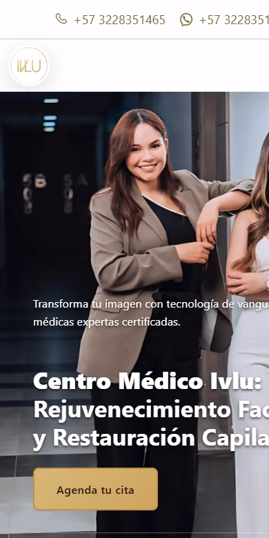 ivlumedicinaestetica.com home page on mobile: phone numbers on top, the doctors' photo, headline and gold “Agenda tu cita” button