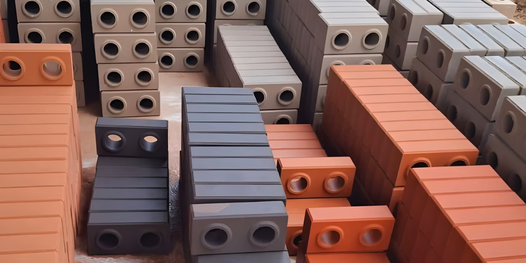 Grey concrete blocks and perforated clay bricks stacked in a yard