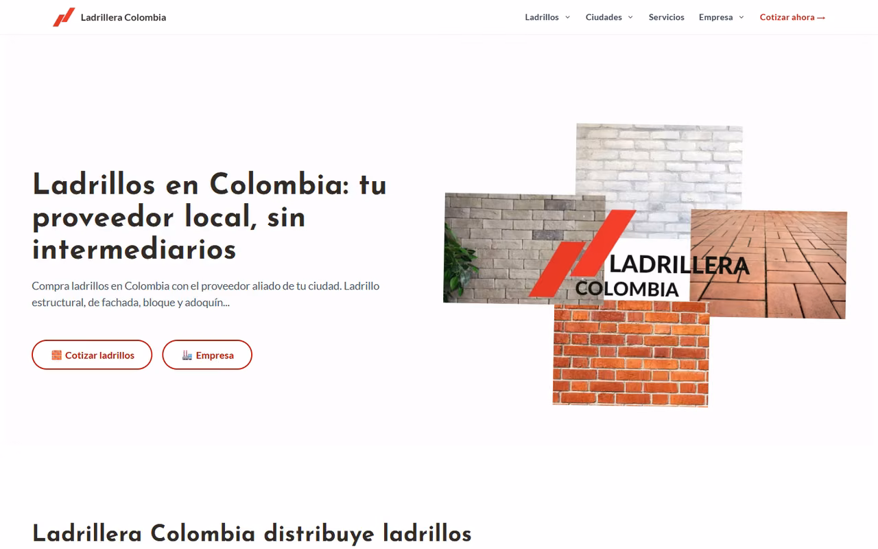 Ladrillera Colombia home page on desktop with the headline «Bricks in Colombia: your local supplier, no middlemen» and a brick collage