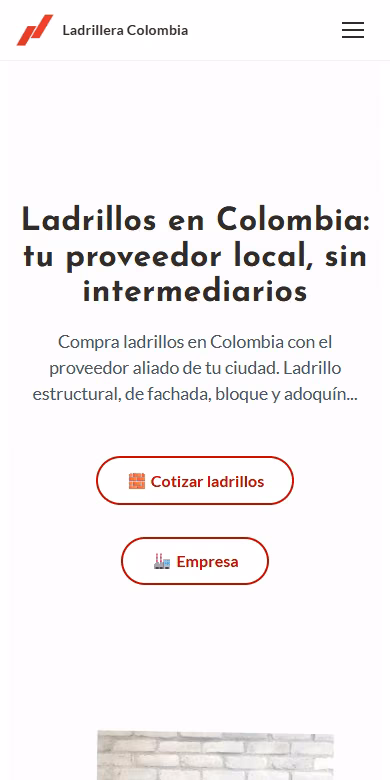 Ladrillera Colombia home page on mobile with the headline and the «Get a brick quote» and «Company» buttons