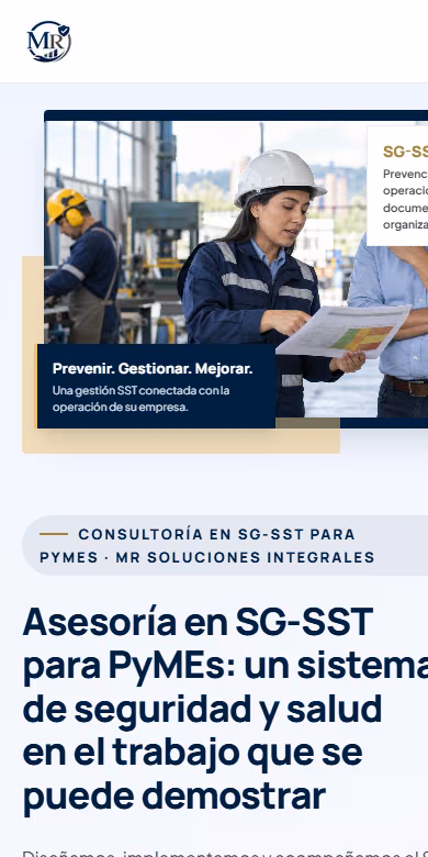 Página de inicio de mrsolucionesintegrales.co en móvil: foto de una inspectora con casco y titular de asesoría en SG-SST