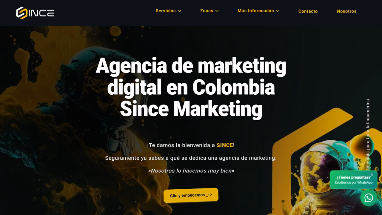 agenciasincemarketing.com home page: headline «Digital marketing agency in Colombia Since Marketing» on a black background with yellow smoke