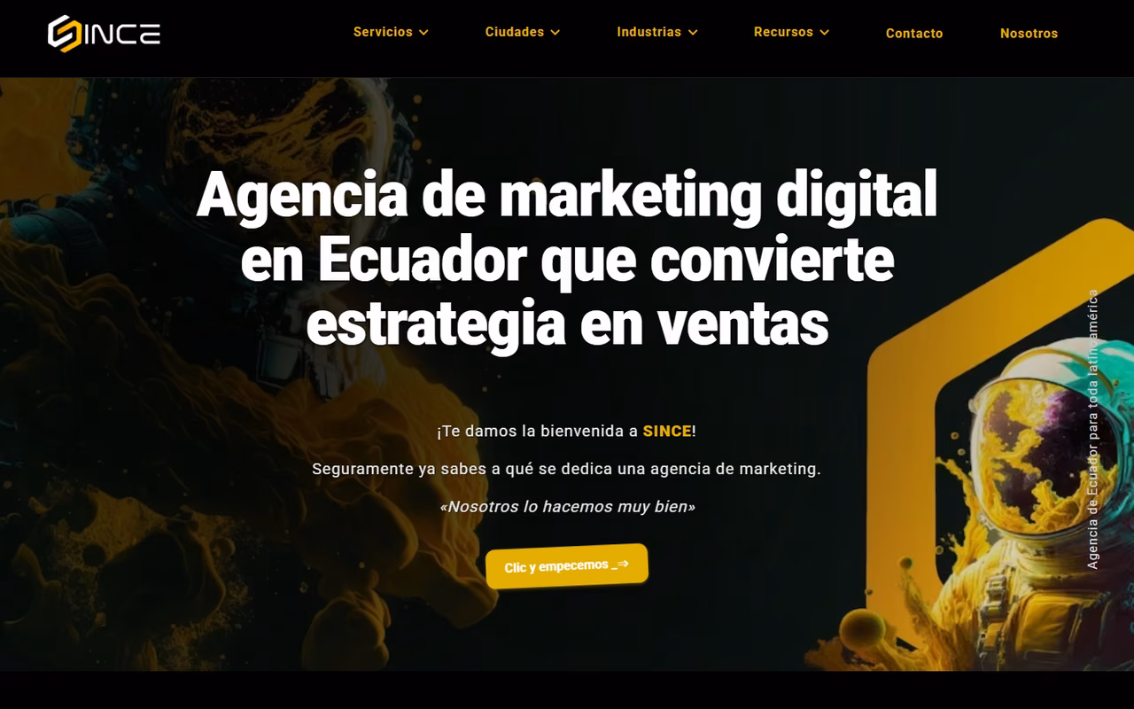 agenciamarketingecuador.com home page on desktop with the headline «Digital marketing agency in Ecuador that turns strategy into sales»