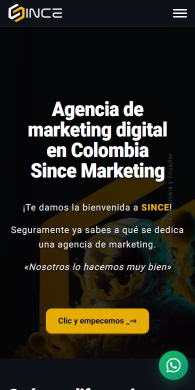 agenciasincemarketing.com home page on mobile with the headline and the yellow «Click and let's start» button