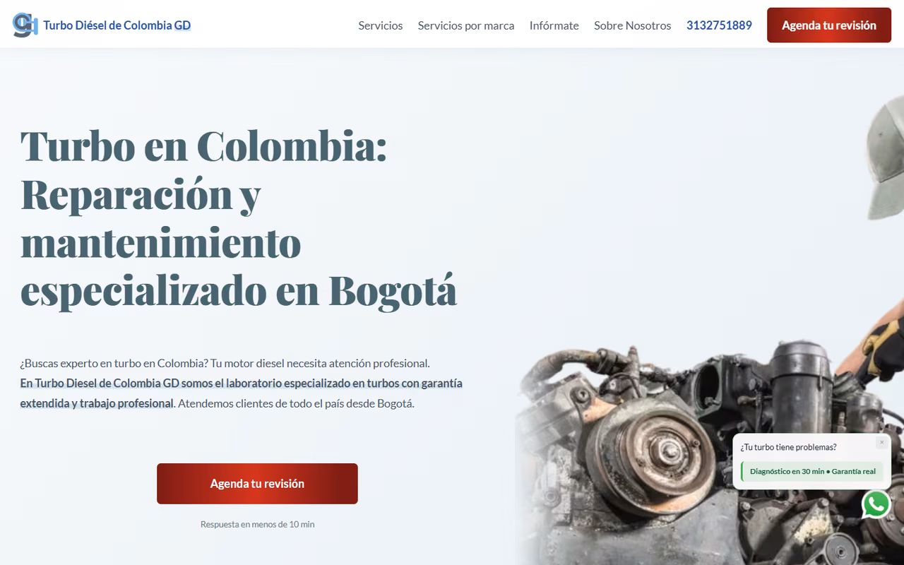 Página de inicio de turbodieseldecolombiagd.com en escritorio: titular «Turbo en Colombia: Reparación y mantenimiento especializado en Bogotá», botón rojo «Agenda tu revisión» y un turbo desarmado