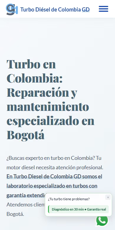 Página de inicio de turbodieseldecolombiagd.com en móvil: logo, titular sobre la reparación de turbos en Bogotá y aviso de diagnóstico en 30 minutos