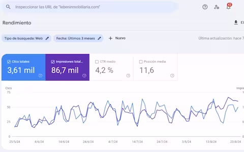 Gráfico de resultados SEO de Leben Inmobiliaria mostrando crecimiento de visitas